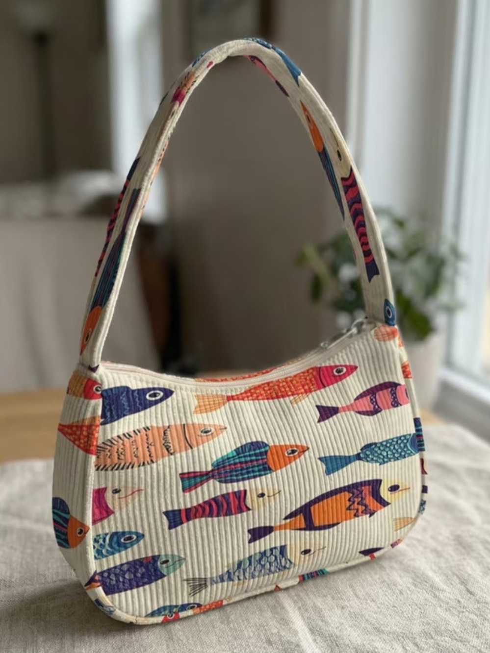 Ivory Fish Print Shoulder Bag - Colorful Patterned Women’s Bag